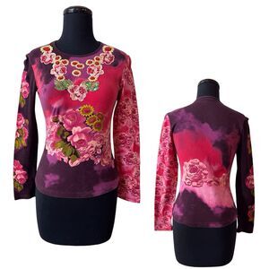 Vintage Faust Beaded Floral Roses Daisy Top Long Sleeve Stretchy Shirt Y2K 90s